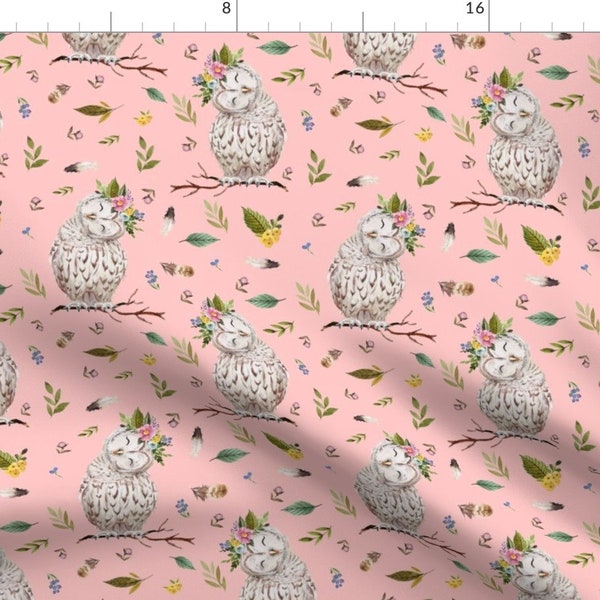 Woodland Fabric - 8" Spring Breeze Owl - Peach by shopcabin - Floral Flowers Owl Boho Baby Girl Nursery Fabric by the Yard by Spoonflower