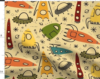 Retro Fabric - A Busy Day In Space by erinkarr - Rockets Space Spaceships Galaxy Stars Moon Planets Kids  Fabric by the Yard by Spoonflower