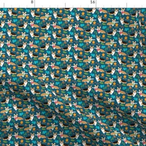 Corgi Fabric - Camping (Smaller) With Campfire Tent Sleeping Bag Dog Blue Teal By Petfriendly - Cotton Fabric By The Yard With Spoonflower