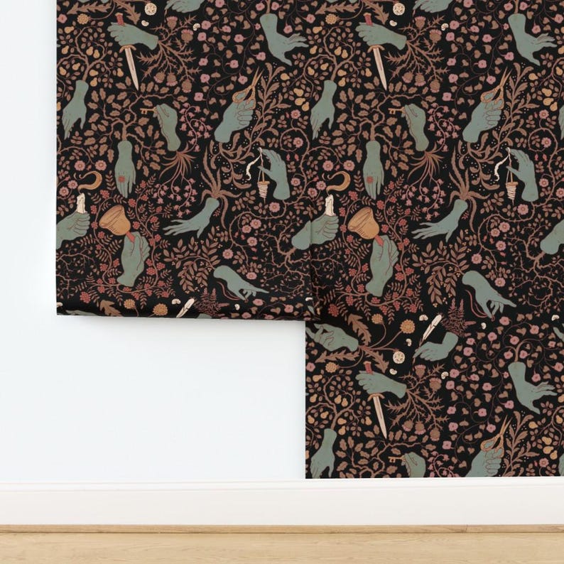 Papel de Parede com Estampa de Mãos - Suas Mãos Estão Frias, da Tanaudel - Estilo Romântico Floral Vitoriano Gótico, Removível e Autoadesivo, em Rolo, da Spoonflower imagem 4
