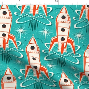 Blast Off Fabric - Blast Off - Retro Rockets Textured Aqua Large Scale by heatherdutton - Retro Rocket Mcm Fabric by the Yard by Spoonflower