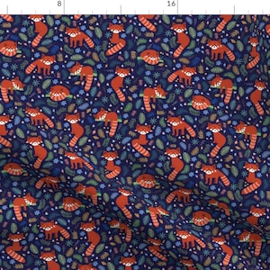 May include: A navy blue fabric with a repeating pattern of red pandas, leaves, and flowers. The red pandas are depicted in a variety of poses, including sleeping, sitting, and standing.