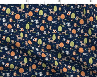 Woodland Forest Animals Fabric - Tiny Cute Woodland Animals On Navy By Gingerlous - Woodland Cotton Fabric By The Yard With Spoonflower