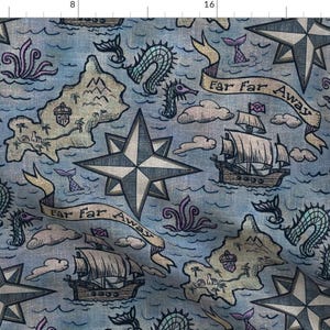 Large Scale Fabric - Far Away Map by jenkb - Pirates Sea Mermaid Map Ocean Compass Cartography Sea Monster Fabric by the Yard by Spoonflower