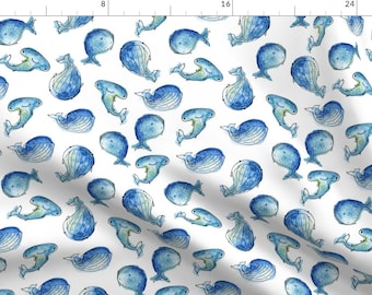 Watercolor Sea Creatures Fabric - Whales By Juliabadeeva- Whales Hammerhead Sharks and Pufferfish Cotton Fabric By The Yard With Spoonflower