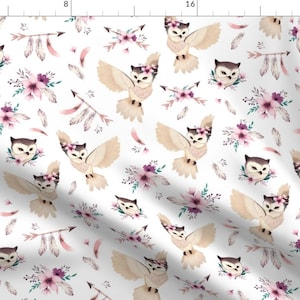 Owl Bird Floral Pink Fabric - Bohoo Owl Forest Birds Brown - Small By Ewa Brzozowska - Owl Cotton Fabric By The Yard With Spoonflower