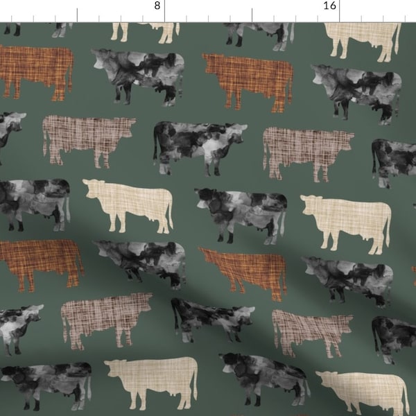 Green Cows Cattle Fabric - Watercolor Cows + Mocha, Caramel, 13-2 By Ivieclothco - Cows Farm Cotton Fabric By The Yard With Spoonflower
