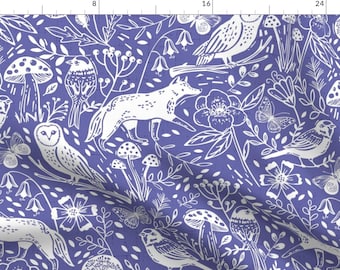 May include: A seamless pattern featuring white silhouettes of woodland creatures, flowers, and mushrooms on a purple background. The pattern includes foxes, owls, birds, butterflies, and various floral elements.