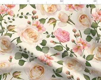 May include: A seamless pattern featuring watercolor illustrations of white and pink roses, green leaves, and buds on a cream background.
