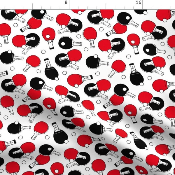 Table Tennis Fabric - Table Tennis - Ping Pong Bats By Revista - Ping Pong Black, Red, and White Cotton Fabric By The Yard With Spoonflower