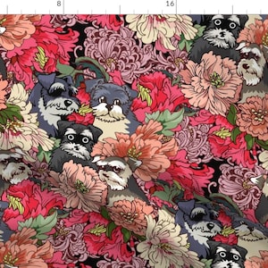 Pink Floral Schnauzer Garden Fabric - Because Schnauzer By Huebucket - Schnauzer Flowers Cotton Fabric By The Yard With Spoonflower
