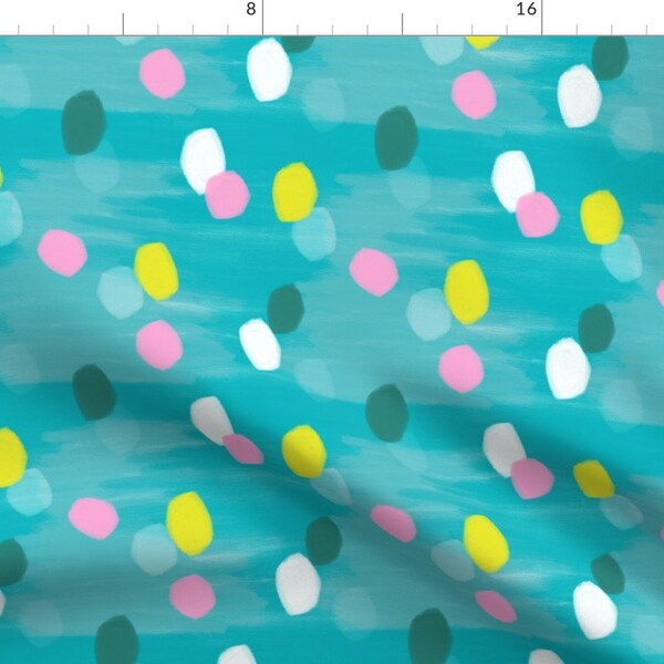 Pink and Yellow Dots on Teal Fabric - Spotty Green (Large Scale) By Lydia_Meiying - Spotty Dot Cotton Fabric By The Yard With Spoonflower