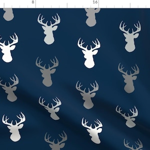 Starlit Blue Deer Fabric - Deer - Starlit - Grey And White On Navy By Sugarpinedesign - Buck Blue Cotton Fabric By The Yard With Spoonflower