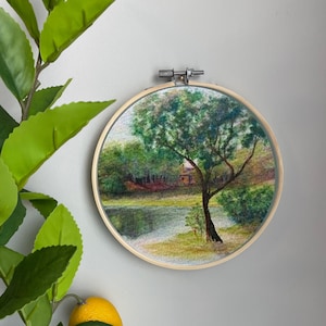Landschaft Stickerei Vorlage auf Baumwolle -Vintage Gemälde Von luzhki34 -Detailliertes Stickmuster im Stickrahmen 15cm Gedruckt von Spoonflower