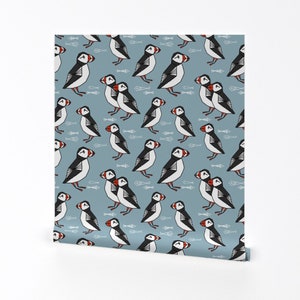 Puffin Wallpaper -  Puffin Birds Kids By Andrea Lauren - Blue Puffin Custom Printed Removable Self Adhesive Wallpaper Roll by Spoonflower