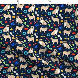 Pug Fabric - Tan and Blue Pugs Dog Toys Cute Fabric For Pug Owners By Petfriendly - Pug Eco Cotton Fabric By The Yard With Spoonflower