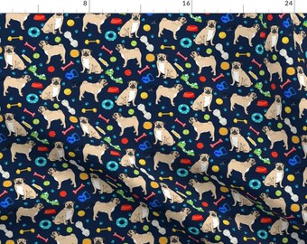 Pug Fabric - Tan and Blue Pugs Dog Toys Cute Fabric For Pug Owners By Petfriendly - Pug Eco Cotton Fabric By The Yard With Spoonflower