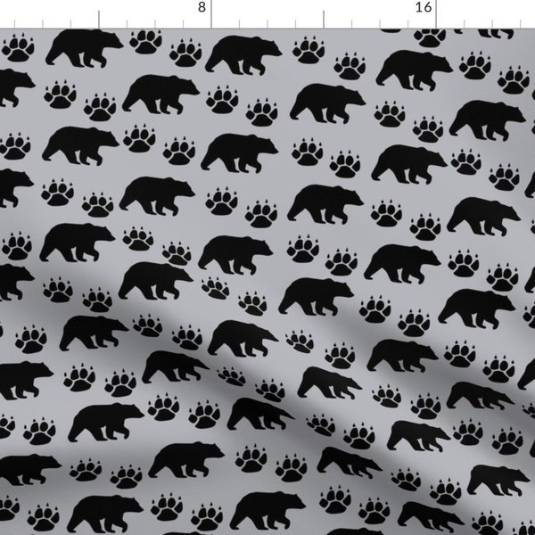 Black Bear Fabric - Bear Paws Grey Black Silhouette By Snugglyjacks - Woodland Bear Nursery Decor Cotton Fabric By The Yard With Spoonflower