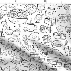 May include: Black and white illustration of various food items with cartoon faces. The food items include pizza, popcorn, donuts, ice cream, french fries, milk, and more.