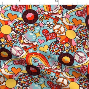 May include: A colorful, retro-style pattern featuring peace signs, hearts, rainbows, roller skates, and disco balls. The background is a light blue color.