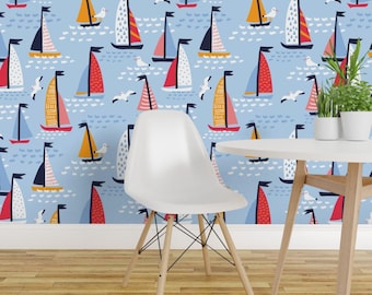 Nautical Sail Boats Wallpaper - Regatta By Alenkakarabanova - Nautical Custom Printed Removable Self Adhesive Wallpaper Roll by Spoonflower