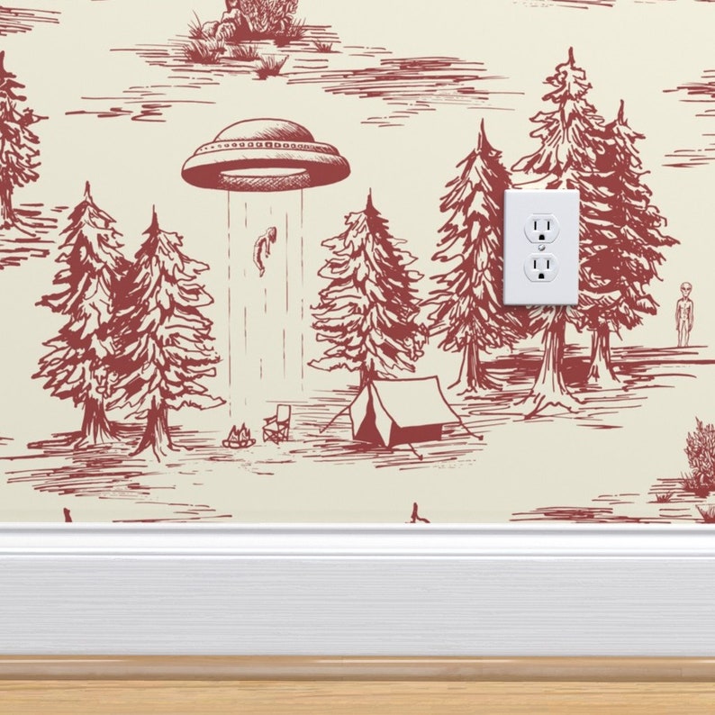 Alien Toile Wallpaper Red Alien Abduction Toile De Jouy by - Etsy