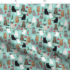 Cat Fabric - Christmas Cat Fabric Pattern Candy Cane Stocking Mistletoe By Petfriendly - Cat Cotton Fabric By The Yard With Spoonflower