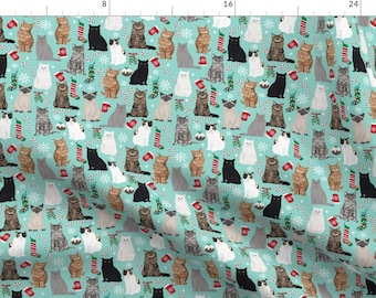 Cat Fabric - Christmas Cat Fabric Pattern Candy Cane Stocking Mistletoe By Petfriendly - Cat Cotton Fabric By The Yard With Spoonflower