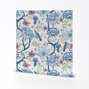 Nature Removable Peel and Stick Wallpaper - Birds Trees Floral Blue Green - Wall Art Wall Decor - Large Woods Chinoiserie by katie_hayes