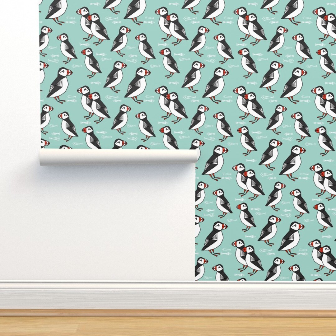 Puffin Wallpaper Puffin Mint Nautical Scottish by Andrea - Etsy