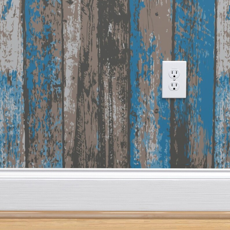 Blue Gray Faux Wood Wallpaper Aged Rustic Wooden Planks by Etsy