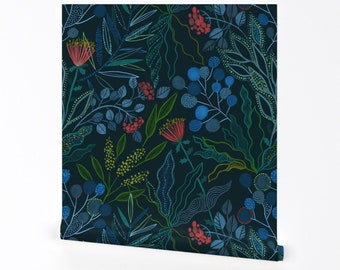 Australian Floral Wallpaper - Botanical Australian Flora Design By Kostolom3000 - Blue Removable Self Adhesive Wallpaper Roll by Spoonflower