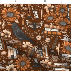 Books Fabric - Books And Flowers Dark Library Neutral Browns  Large Scale by simplulina - Flowers Crow  Fabric by the Yard by Spoonflower
