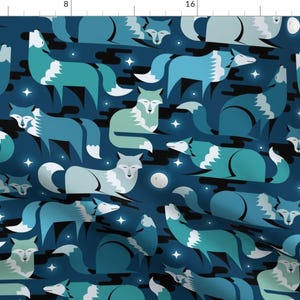 Nocturnal Animals Fabric - Wolves At Night By Analinea - Blue Moon Stars Night Forest Midnight Cotton Fabric By The Yard With Spoonflower image 1