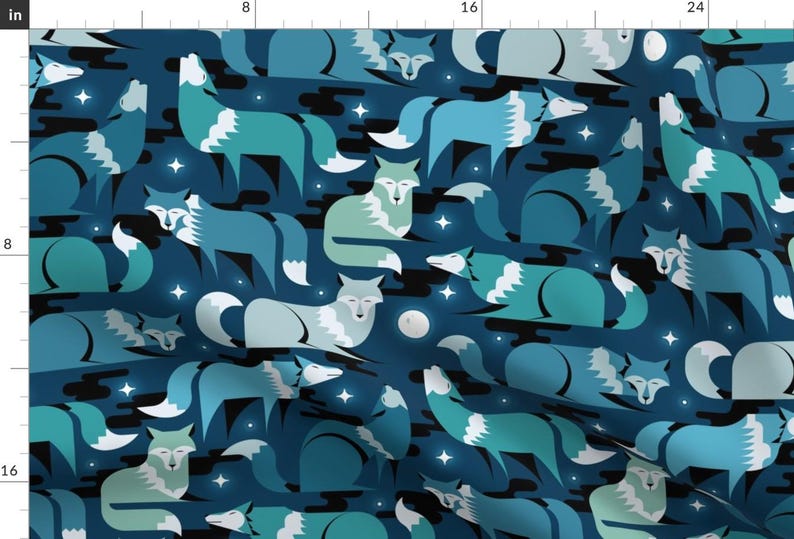 Nocturnal Animals Fabric - Wolves At Night By Analinea - Blue Moon Stars Night Forest Midnight Cotton Fabric By The Yard With Spoonflower image 1