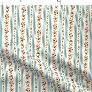 Victorian Fabric - Belvedere Floral Stripe by peacoquettedesigns - Cottagecore Ticking Stripe Floral Blue Fabric by the Yard by Spoonflower