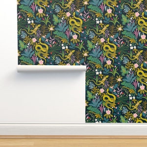 Reptilia Wallpaper Jungle Reptiles By Aliz Arteta Black Green Tropical Leaves Bold Removable Self Adhesive Wallpaper Roll by Spoonflower image 4