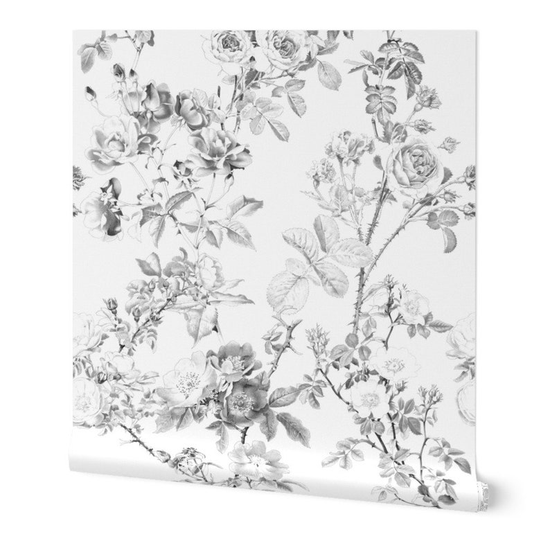Floral Toile Wallpaper English Rose Black White By | Etsy