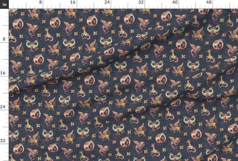 Medieval Fabric - Medieval Beasts Phantasmagoria By Taranealart - Medieval Smokey Jewel Tones Cotton Fabric By The Yard With Spoonflower image 2