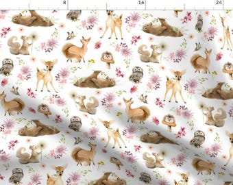 Squirrel Woodland Animal Fabric - Forest Friends – Flowers, Larger Scale By Gingerlous - Squirrel Cotton Fabric By The Yard With Spoonflower