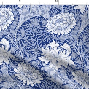 Antique Fabric - William Morris Chrysanthemum by peacoquettedesigns - Victorian Art Nouveau Blue And White Fabric by the Yard by Spoonflower