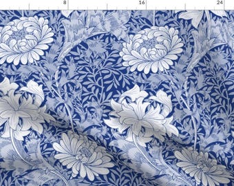Antique Fabric - William Morris Chrysanthemum by peacoquettedesigns - Victorian Art Nouveau Blue And White Fabric by the Yard by Spoonflower