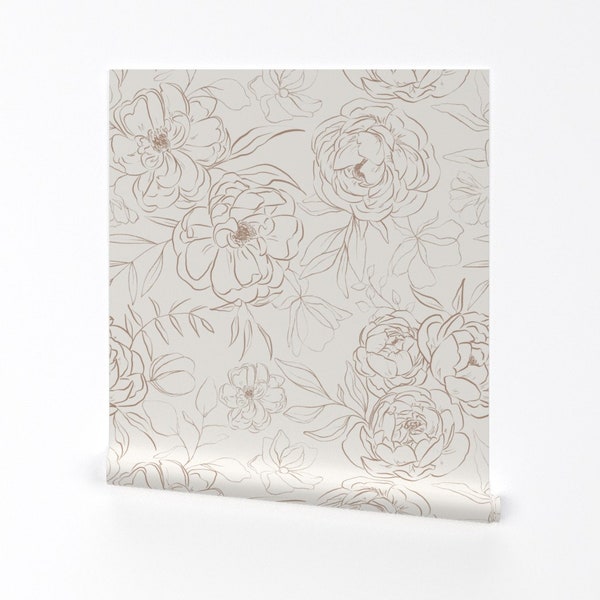Neutral Peony Wallpaper - Sketched Peony In Latte by hipkiddesigns - Bronze Cream Peonies Removable Peel and Stick Wallpaper by Spoonflower