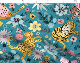 Tigers Fabric - Safari Floral Blue Jumbo by ninola-design - Leopards Tropical Watercolor Animals Zoo Kids Fabric by the Yard by Spoonflower