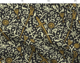 Floral Fabric - Tarot Tapestry  by rachelquinlan - Tarot Tapestry Magic Sword Witch Black Gold  Fabric by the Yard by Spoonflower