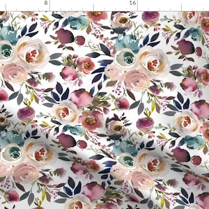 Autumn Floral Fabric - Misty Autumn Rose By Corasofia - Blush Blue Nursery Girls Feminine Floral Cotton Fabric By The Yard With Spoonflower