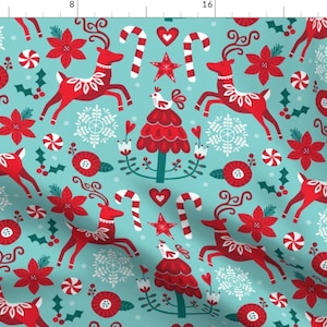 Christmas Reindeer Holiday Fabric - Icy Christmas By Lisa Kubenez - Reindeer Holiday Blue Red Cotton Fabric By The Yard With Spoonflower