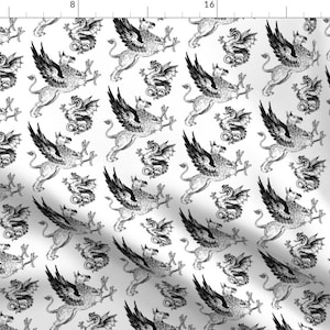 May include: A black and white repeating pattern featuring a stylised illustration of a griffin and a dragon. The pattern is on a white background.