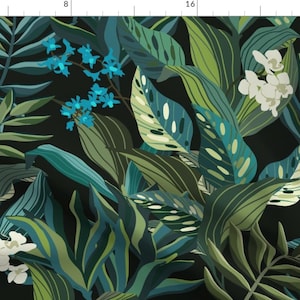 Extra Large Scale Botanical Fabric - Moody Tropical Dark By Fernlesliestudio - Jungle Rainforest Cotton Fabric by the Yard with Spoonflower