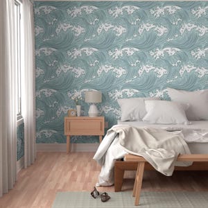 Ocean Waves Wallpaper - Japanese Waves By Sveta Aho - Pine Green Mint Blue Nautical Removable Self Adhesive Wallpaper Roll by Spoonflower image 5
